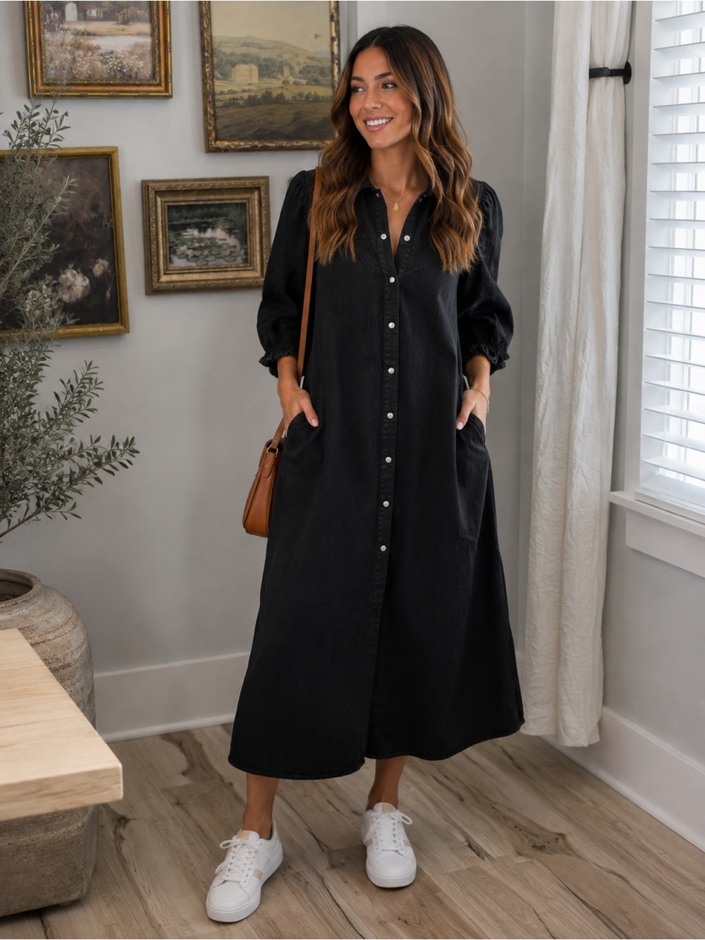 Promod Black Button-Front Maxi Dress with Puff Sleeves and Pockets. (B2)